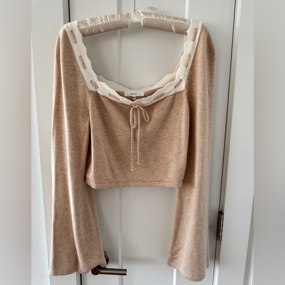 Beige Cropped Knit Top with Bell Sleeves
